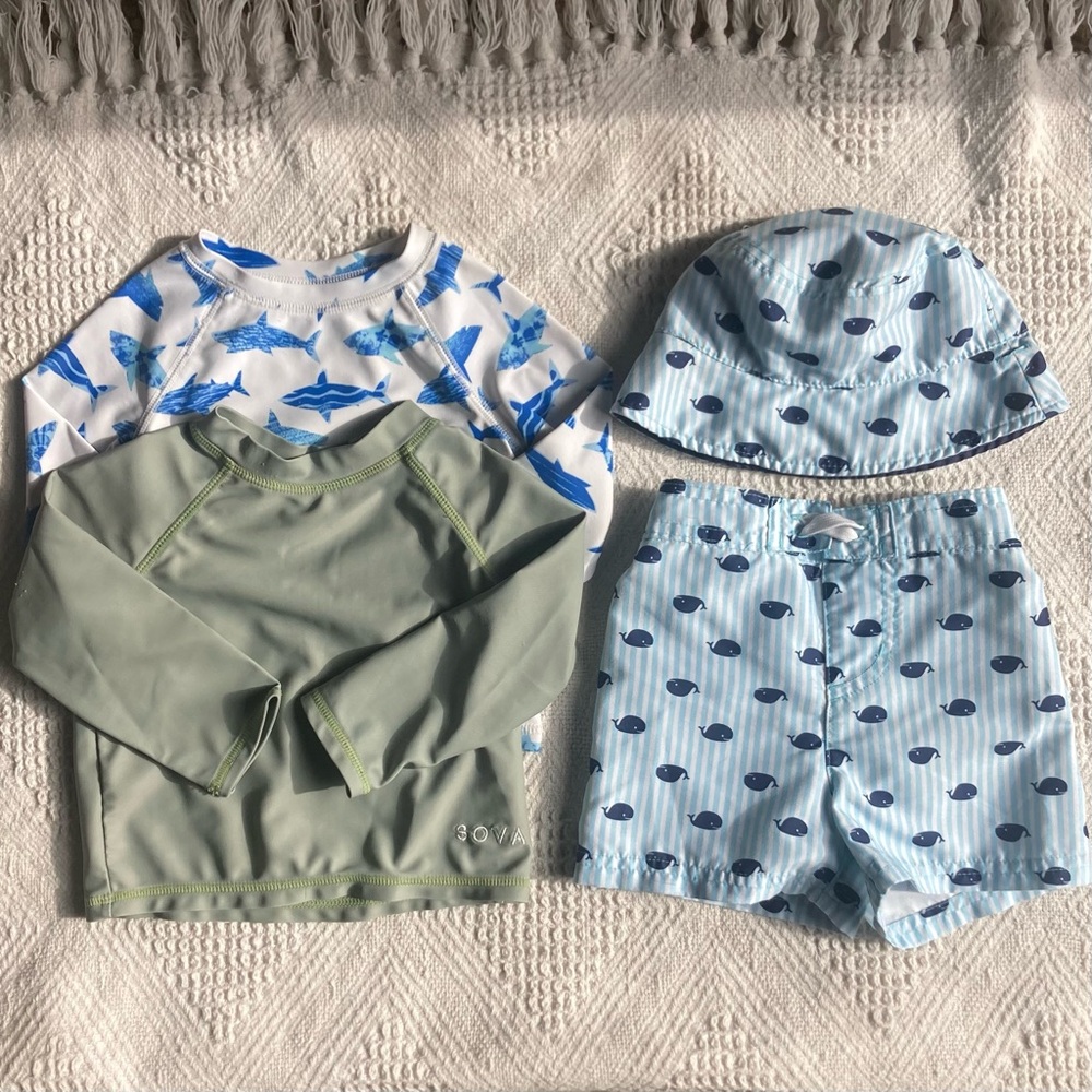 Baby boy swim bundle 2 rash guards, 1 reversible sun hat & 1 swim shorts Sz 12m